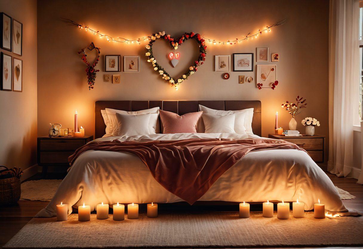 A serene, inviting bedroom scene with soft lighting, showcasing a couple communicating intimately, surrounded by symbols of love like candles, flowers, and heart-shaped decor, emphasizing trust and connection. Include warm color palettes to convey comfort and intimacy. super-realistic. soft focus. warm colors.
